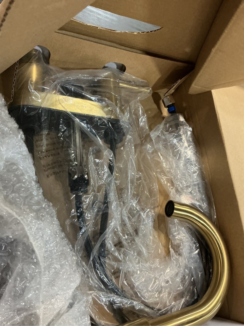 Condition photo showing Good Condition for allen + roth harlow simplefit brushed gold 4-in centerset 2-handle watersense mid-arc residential handle bathroom sink faucet with drain with deck plate