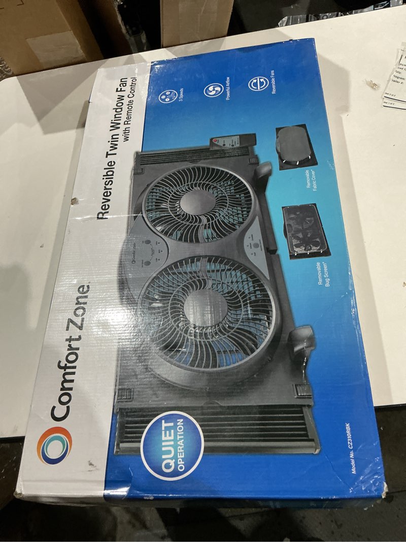 comfort zone 9-inch reversible twin window fan with remote control – 3-speed dual blade fan with exhaust, cooling & circulate modes, expandable width 23.5" to 37", removable bug screen & tabletop feet black 3-speed w/remote