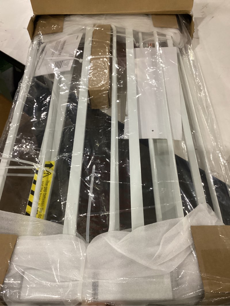 Condition photo showing New/Like New for regalo safety 29-38.5" baby gate for doorways & bottom of stairs, pressure mounted baby gate with door for babies, toddlers & pets, tested & safe for 30 years, american designed, american owned, white white 29-38.5"w x 30"h