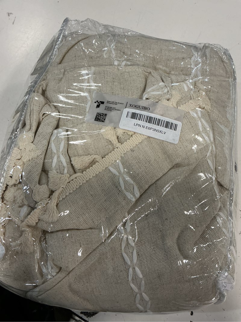 Condition photo showing Good Condition for boho blackout curtains 2 panels 84 inch for living room bedroom, beige linen texture farmhouse curtains with tassels and cotton embroidery vintage rustic western rod pocket beige 52"w x 84"l (pack of 2)