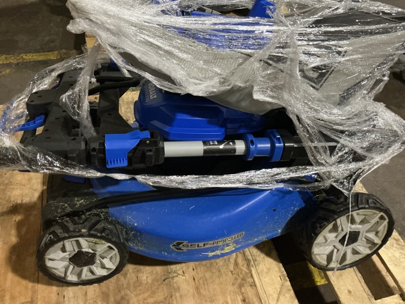 Condition photo showing As Is for kobalt 2x 24v, 20-in cordless self-propelled lawn mower with (2) 24-volt, 5 ah battery included