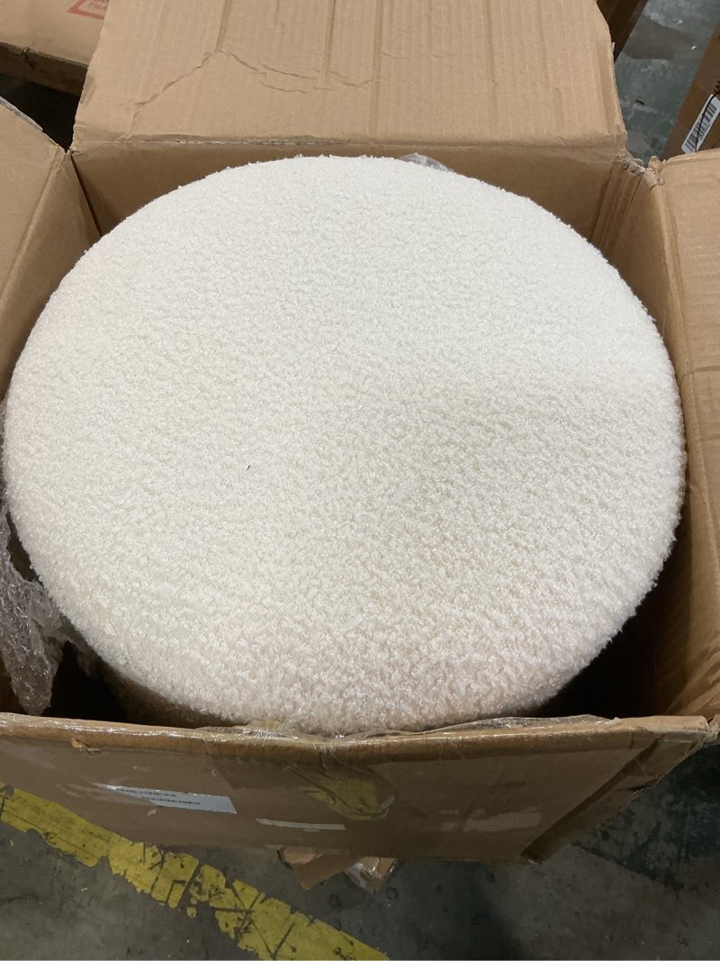 Condition photo showing As Is for B FSOBEIIALEO Storage Ottoman Round Boucle Ottomans with Tray, Set of 2 Teddy Foot Rest Ottoman Cube with Storage for Living Room, Cream White 15"x15"x16.9"