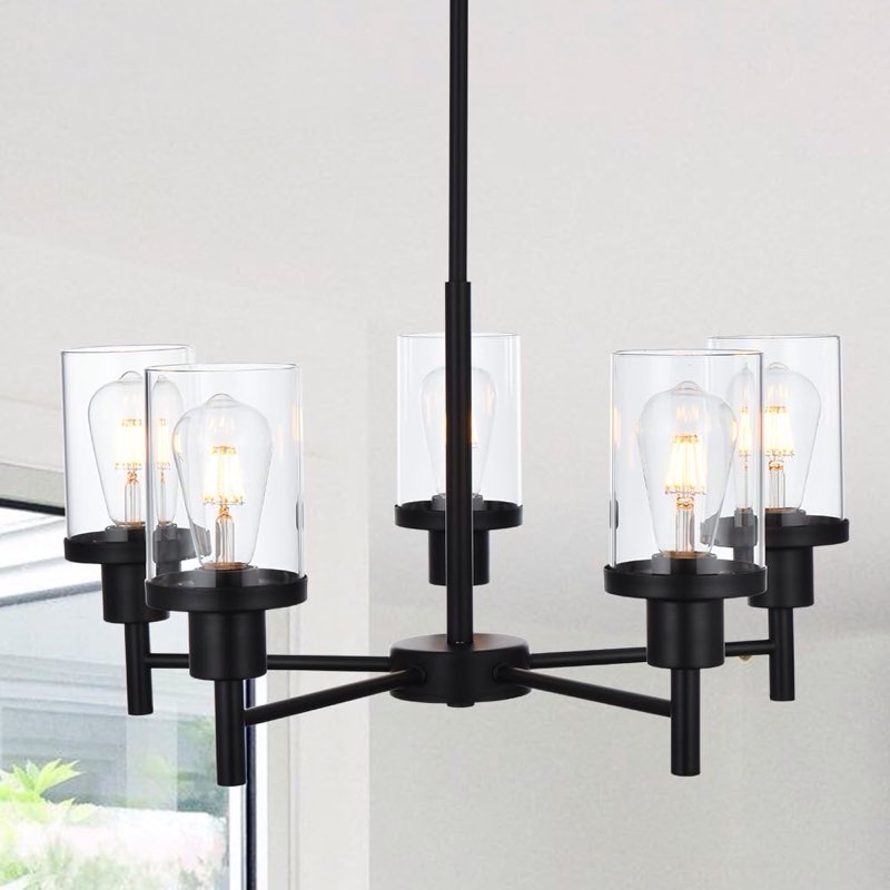 5 Light Farmhouse Chandelier with Cylinder Clear Glass Shade,Vintage Black Kitchen Island Pendant Ceiling Lighting Industrial Metal Hanging Fixture for Dining Room