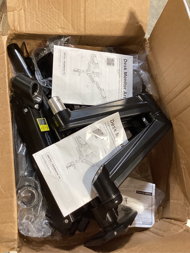 Condition photo showing As Is for rfiver triple monitor arm desk mount for 17-32" screens, vesa 75/100mm | holds up to 19.8lbs per arm, full motion tilt, swivel, 360 rotation, extra tall pole, c-clamp/grommet base