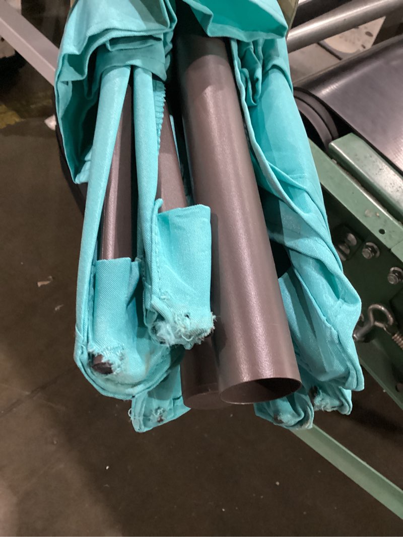 Condition photo showing As Is for blissun 9' outdoor patio umbrella, outdoor table umbrella, yard umbrella, market umbrella with 8 sturdy ribs, push button tilt and crank pale turquoise