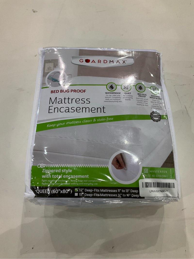Condition photo showing New/Like New for Guardmax Jersey Knitted Queen Zippered Mattress Encasement - Waterproof & Bed Bug Proof Mattress Protector - Comfortable, Soft, and Noiseless Zippered Bedding - Dust Mite Proof (60 x 80 x 12) Queen White