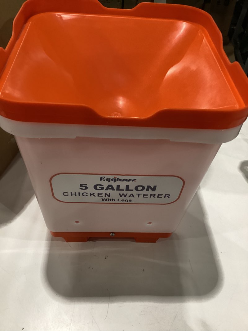 Condition photo showing As Is for eggluuz 5 gallons chicken waterer bucket with chicken water cups, adjustable legs and anti-roost cone