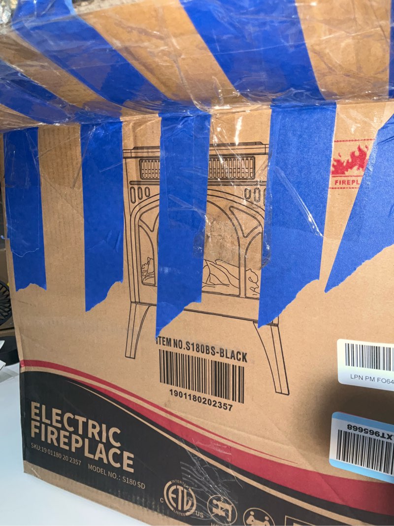 Condition photo showing As Is for electric fireplace stove, 1500w, fast heating, x infrared fireplace heater with remote control, 8h timer, freestanding stove with adjustable 3d flame overheat protection, indoor fireplace 24.3"h black