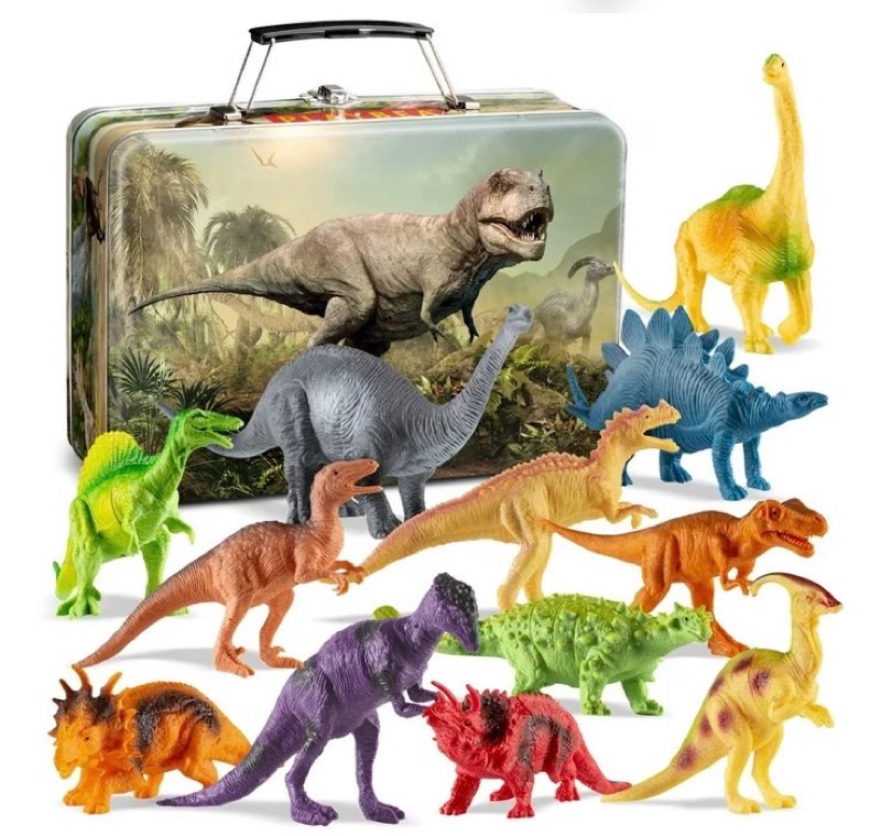 realistic dinosaur figures with storage box, 12 piece pack