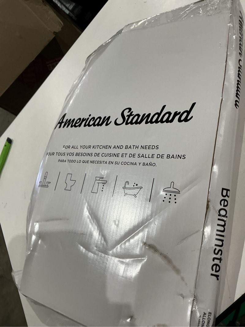 Condition photo showing As Is for american standard bedminster wood white elongated soft close toilet seat