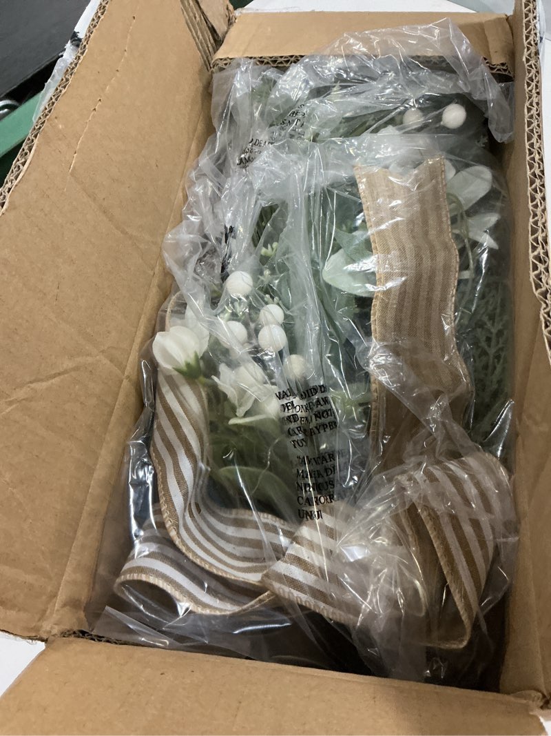 Condition photo showing Good Condition for svndlyn lighted artificial spring summer teardrop swag 25 inch eucalyptus and magnolia wreath with white berries, gypsophila & farmhouse striped bow floral arrangement for door wall mantel window