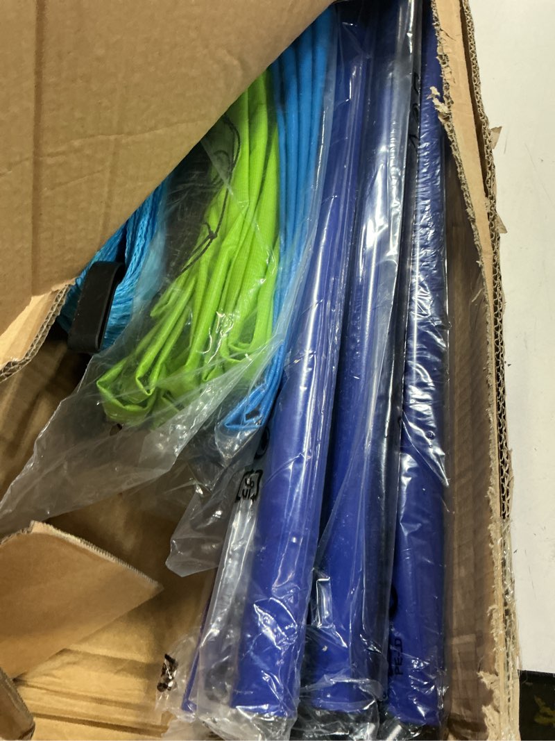 Condition photo showing New/Like New for outdoor portable volleyball net system - adjustable height poles with soft volleyball ball, pump, hammer, boundary line, and carry bag for backyard, beach, lawn 32ft blue green