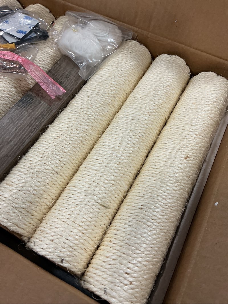Condition photo showing Good Condition for fourfurpets 26.7in large cat tree tower condo, cat scratch posts for indoor cats, big plate, three 23.6in full sisal scratching posts, greige 22"l x 15.7"w x 26.7"h greige