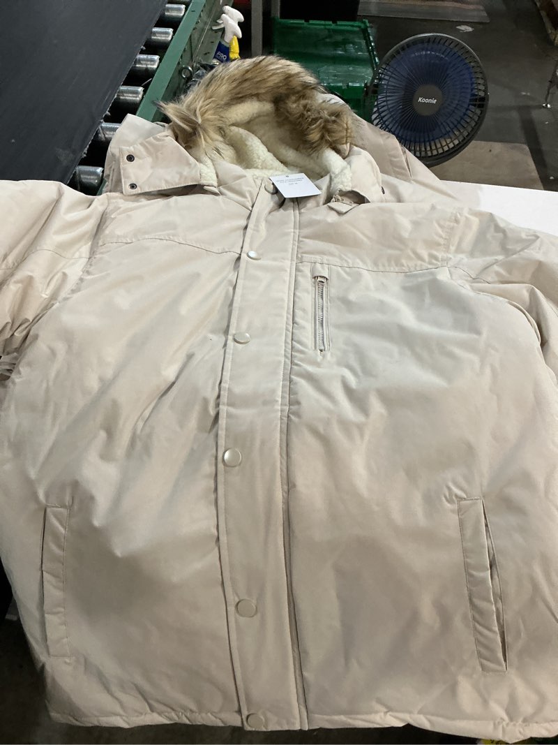 Condition photo showing As Is for men's winter parka jacket, windproof water-resistant ski jacket sherpa lined coat with hood size medium( color is beige no blue)