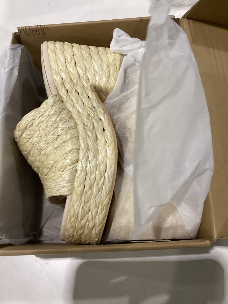 Condition photo showing Good Condition for eqaudes platform sandals for women espadrilles wedges summer beach shoes | raffia, woven, chunky block heels, dressy slides, non-slip sole, slip on, square open toe, daliy and vacation outfits, size 8.5