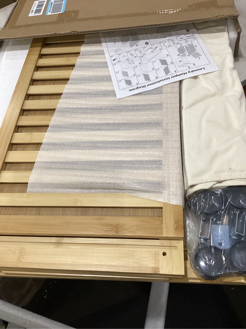 Condition photo showing Good Condition for laundry hamper with wheels, large laundry basket with lid, 27.3 gallon (103.4l) bamboo wood clothes laundry hamper 2 section with handles, removable liner natural large