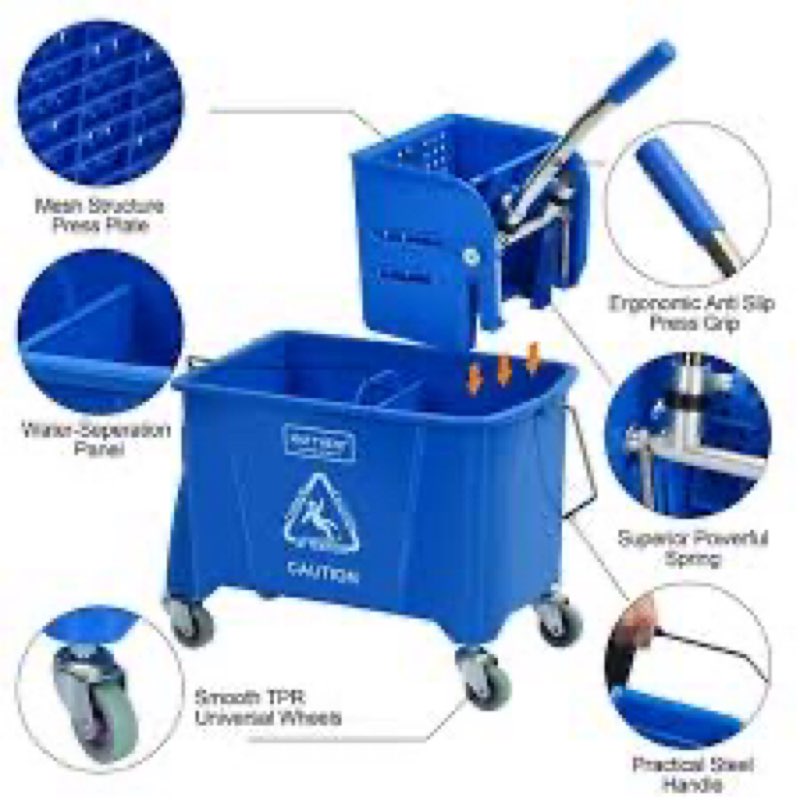 MATTHEW Cleaning Blue 22Quart Compact Mop Bucket INCL.2 Pcs Mop Head with Side Press Wringer On Whee