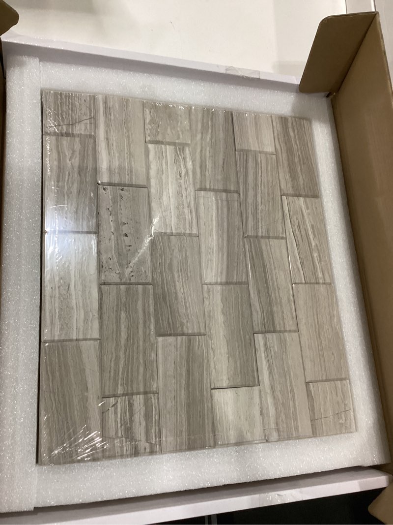 Condition photo showing As Is for TILE CRACKED 5-Sheet Subway Peel and Stick Backsplash Marble Tile, 11.8\" x 11.8\" Grey Wood Natural Stone Self Adhesive Mosaic Tiles, Stick on Backsplash for Kitchen Bathroom Fireplace Grey Wood 11.8*11.8*0.2inch(5 sheets)