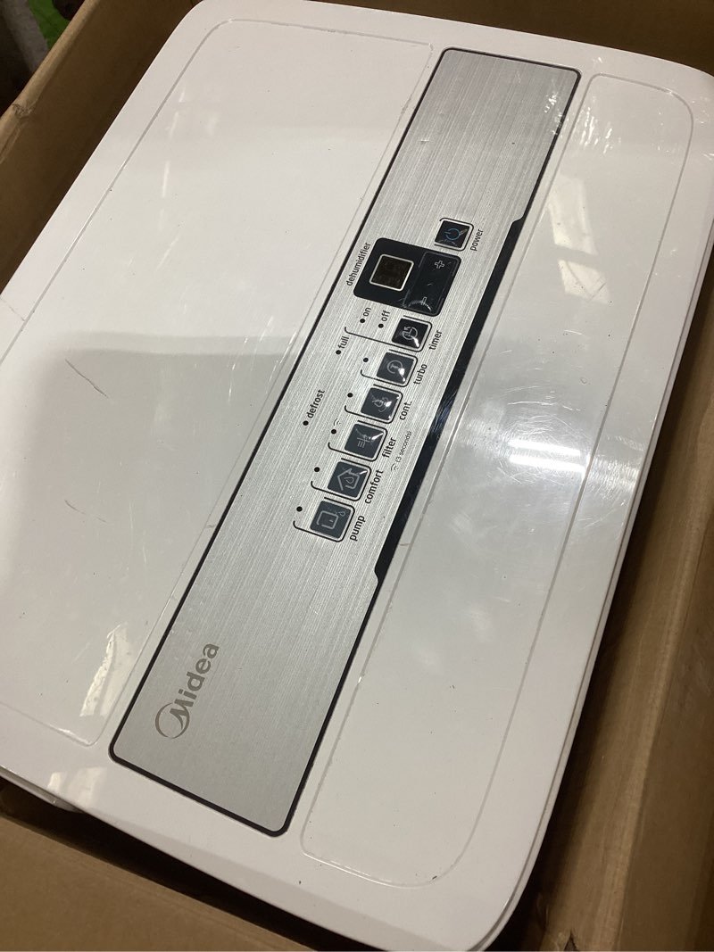Condition photo showing As Is for midea 4,500 sq. ft. dehumidifier with pump included, 50 pint - ideal for basements, large & medium sized rooms, and bathrooms (white) 4,500 sq. ft. with pump - wifi