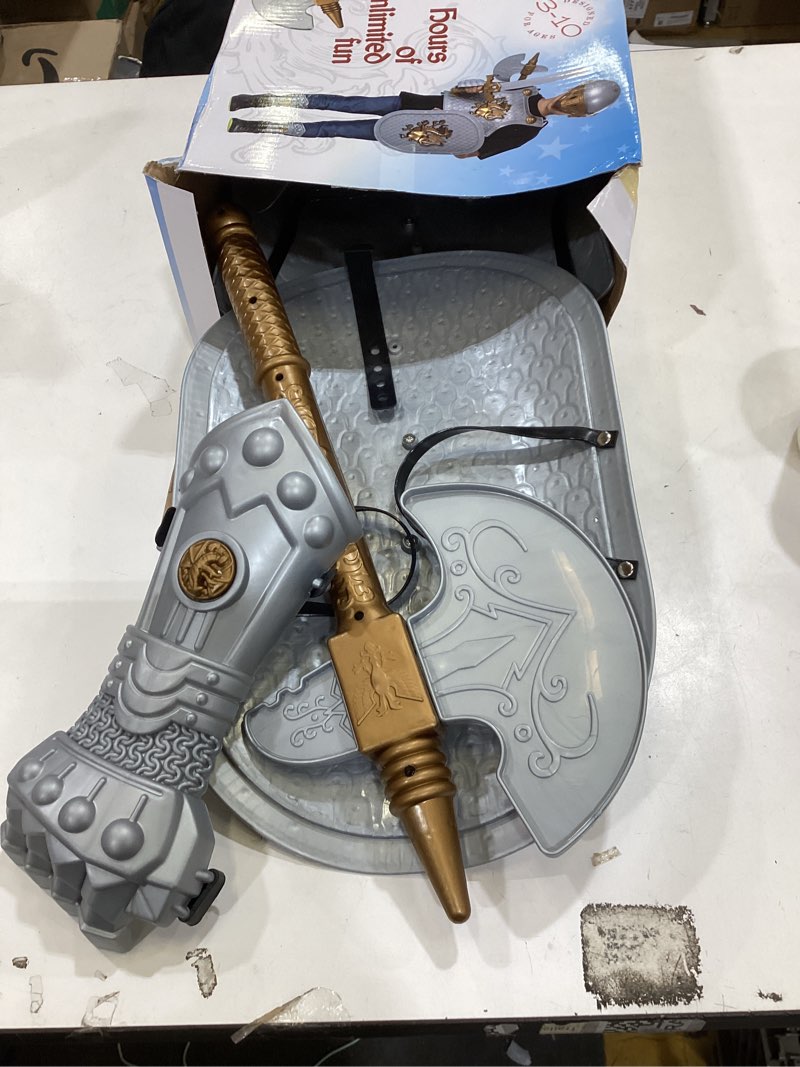 Condition photo showing As Is for Dress Up America - Kids Knight Armor Costume Set – Medieval Role Play with Shield, Helmet, Sword & Accessories – Royal Dress-Up for Boys Ages 3–10