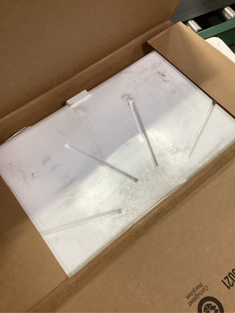 Condition photo showing As Is for Camco Stackable Washing Machine Drain Pan - Great for Apartment-Sized Washers or Stackable Units - Protects Floors from Leaks & Measures 28-Inches x 30-Inches - Crafted of Heavy-Duty Plastic (21006) Pan Ships in Own Container