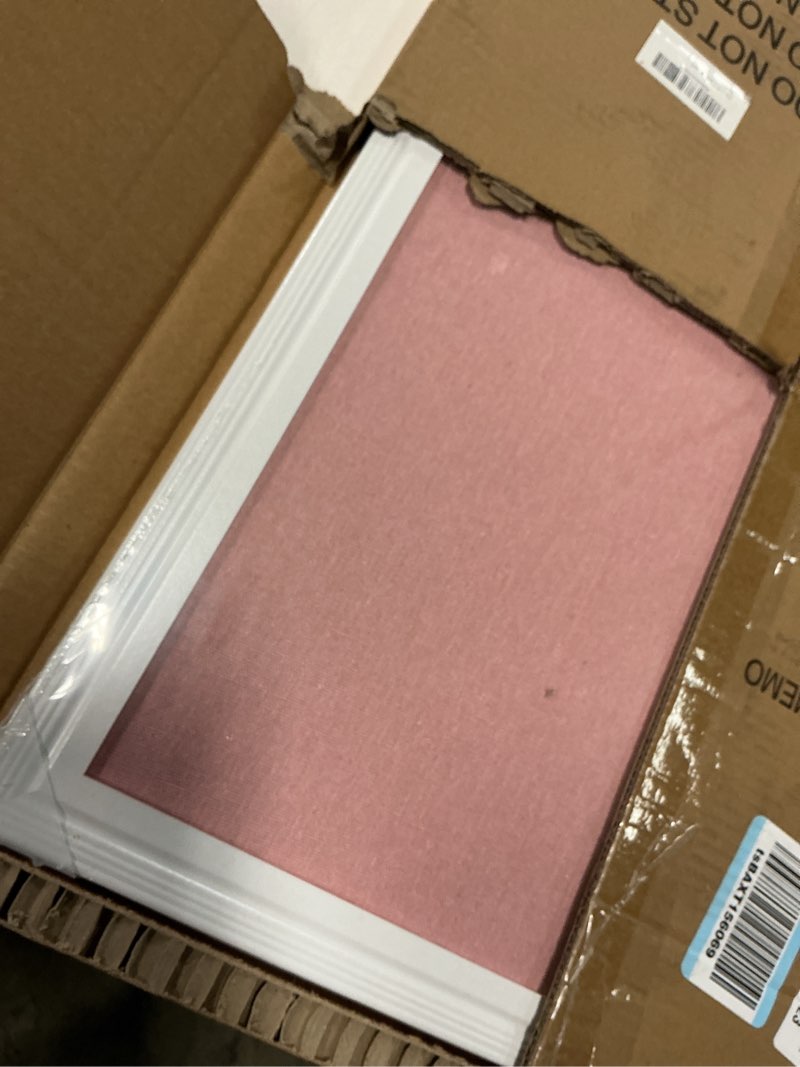 Condition photo showing Good Condition for Large Pink Cork Board with Linen, 24" x 18" Hanging Wood Framed Bulletin Board, Picture Display Vision Board Corkboards for Wall Room School Office Decor, 10 Pushpins, 1 Pack White Frame + Pink Linen - 1pcs 24"x18"