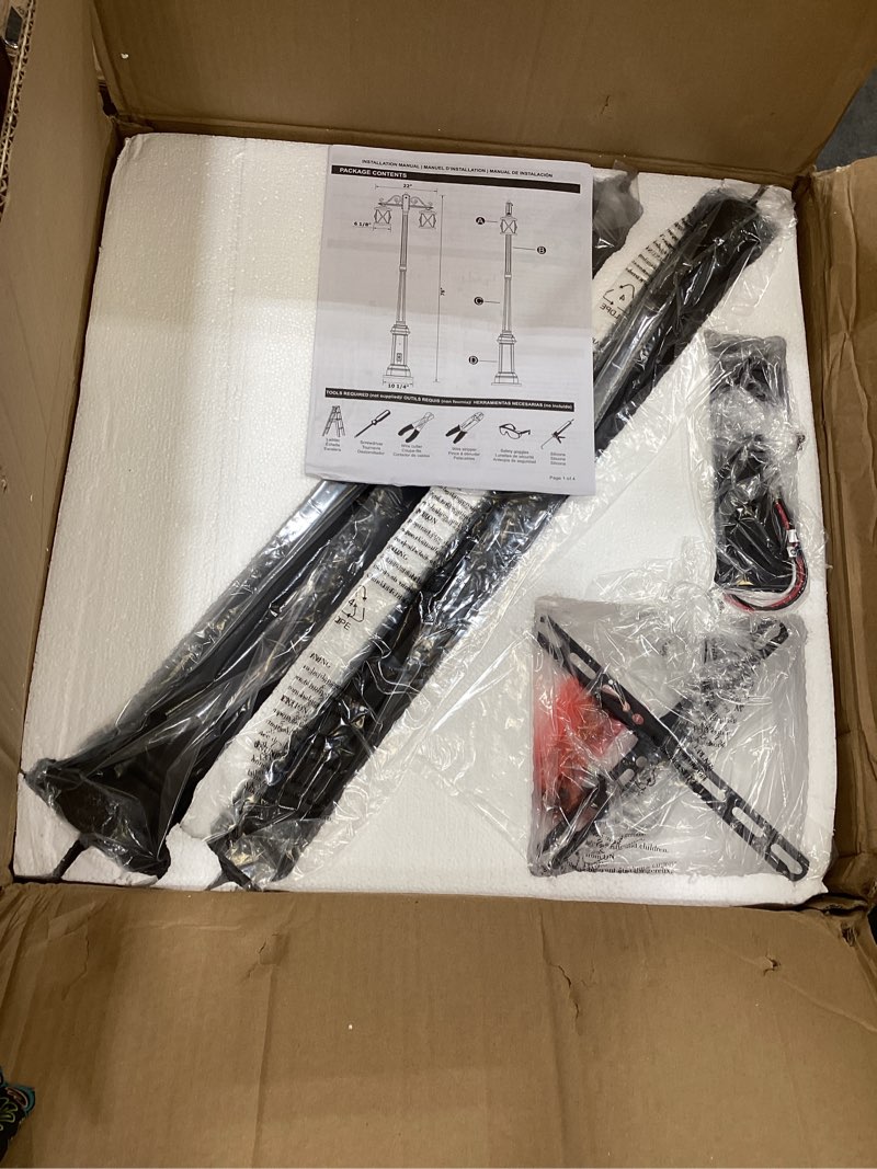 Condition photo showing Good Condition for dusk to dawn outdoor lamp post lights with gfci outlet,double-head farmhouse street light fixture,aluminum black pole exterior lights, waterproof lantern outdoor lighting round