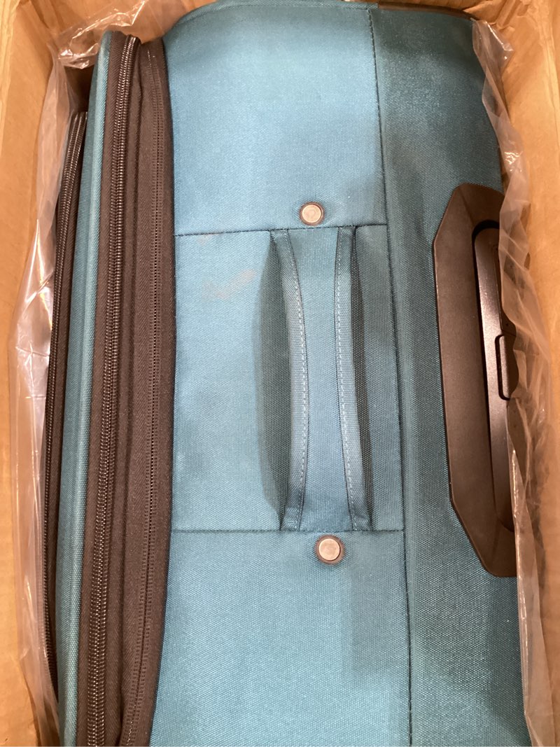 Condition photo showing As Is for u.s. traveler anzio softside sturdy ballistic nylon expandable travel suitcase luggage with 4 spinner wheels, teal, checked-large 30-inch checked-large 30-inch teal