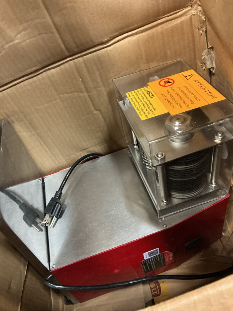 Condition photo showing As Is for vevor commercial meat cutting machine, 551 lbs/h 850w meat shredding machine, 3.5mm blade electric meat cutter, stainless steel restaurant food cutter, for kitchen supermarket lamb beef chicken, red