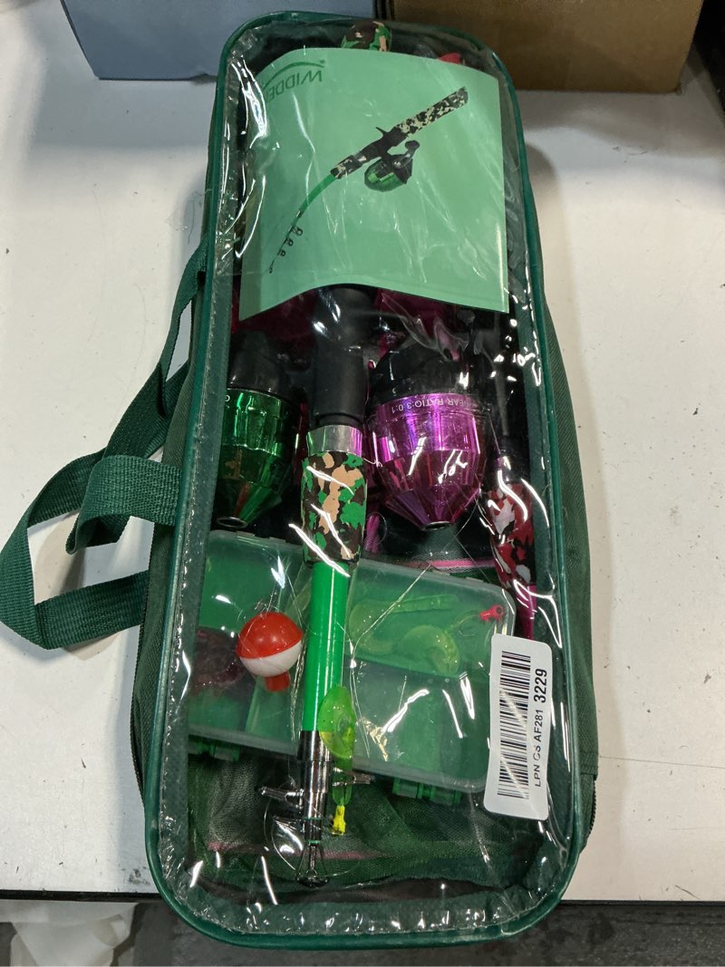 Condition photo showing As Is for widden kids fishing pole, portable telescopic kids fishing poles for boys and girls, fishing rod and reel combo kit with tackle box, and fishing net, best fishing pole for toddler youth pink+green