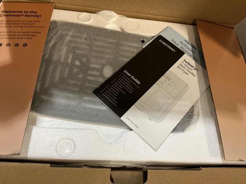 Condition photo showing Good Condition for chefman air fryer turbofry 7-qt, 6-in-1 high-powered 450°f cooking for crispier results, compact space-saving design, air fry, bake, broil, reheat, dehydrate, defrost, fast & even cooking – black