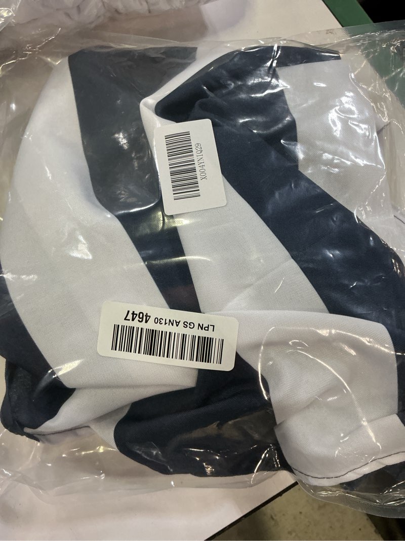 Condition photo showing Good Condition for navy blue strips print outdoor tablecloth with umbrella hole for oval table, waterproof strip patio table cloth with zipper - 52 x 70 inches navy blue-strips 72" x 54" (oval)