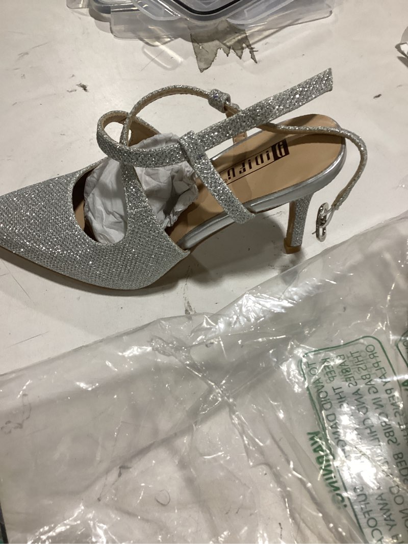 Condition photo showing As Is for idifu in3 womens closed pointed toe heels low stilettos pumps slingback adjustable cross strap dress shoes for women wedding party prom evening dressy comfortable sexy trendy pumps shoes 5 silver glitter