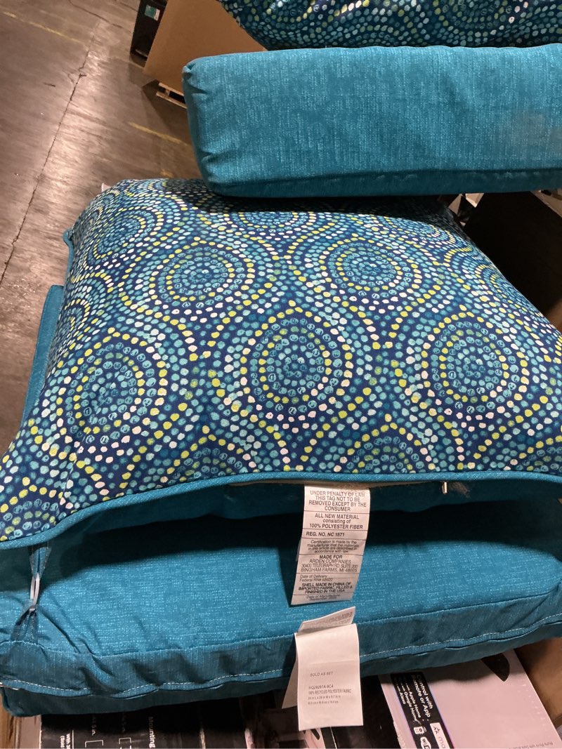 Condition photo showing As Is for style selections (2-pack) 24-in x 24-in teal medallion deep seat patio chair cushion