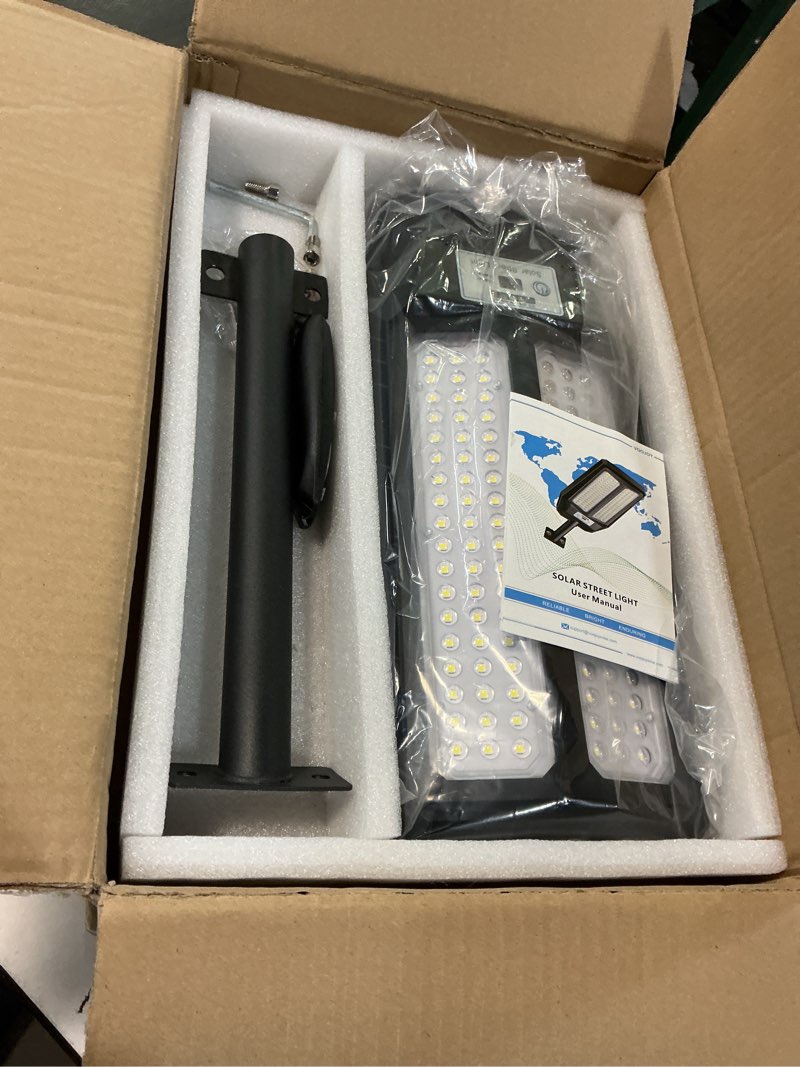 Condition photo showing Good Condition for 5000W Solar Street Lights Outdoor, 7000K Solar Light Outdoor LED Street Light Dusk to Dawn, LED Wide Angle Lamp with Motion Sensor and Remote Control, for Parking Lot, Yard, 3 Pack