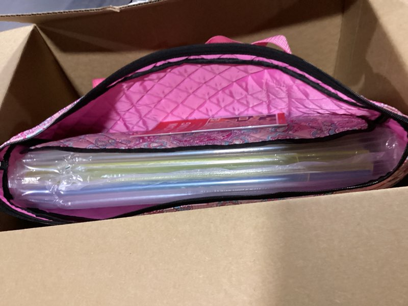 Condition photo showing New/Like New for american mahjong game set, 166 white tiles, 4 all-in-one color rack/pushers, complete mahjong set with pink printed carrying bag