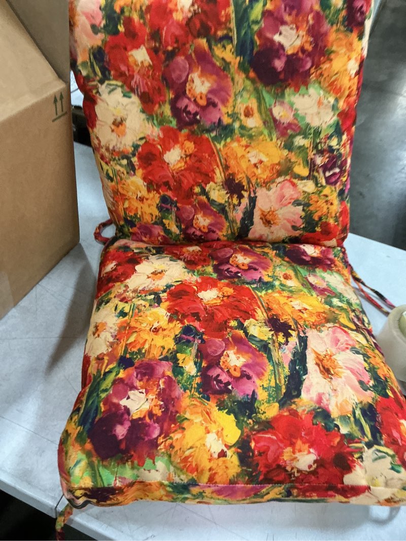 Condition photo showing Good Condition for set of 2 outdoor dining chair cushions, patio seating cushions, 38x18x4.5 inch, for garden patio furniture (a riot of colours)