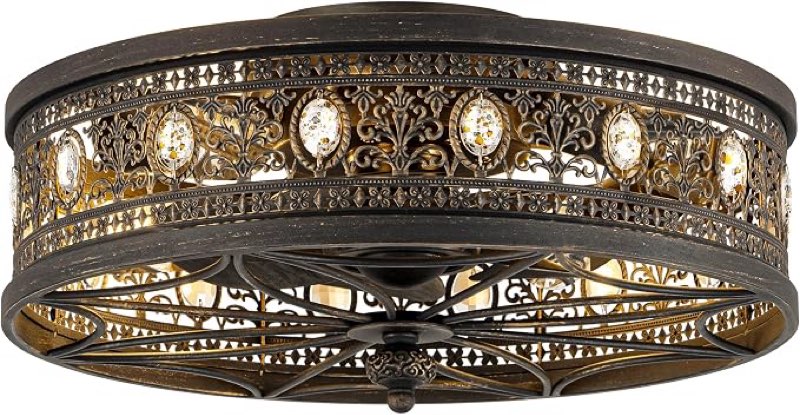 caged ceiling fan with light flush mount,vintage victorian ornate fandelier | bladeless enclosed low profile crystal chandelier, antique baroque gothic decorative style for bedroom, kitchen, dining room