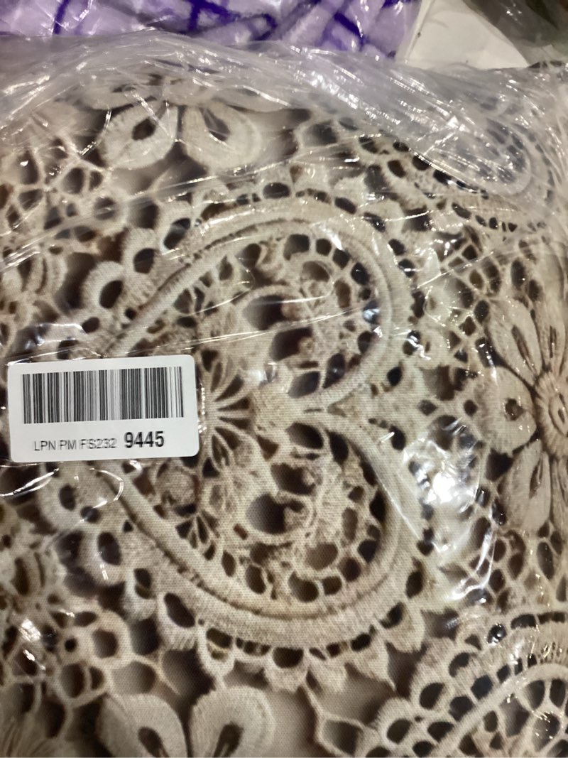 Condition photo showing Good Condition for lace-inspired heart and flower design in beige throw pillow 18x18