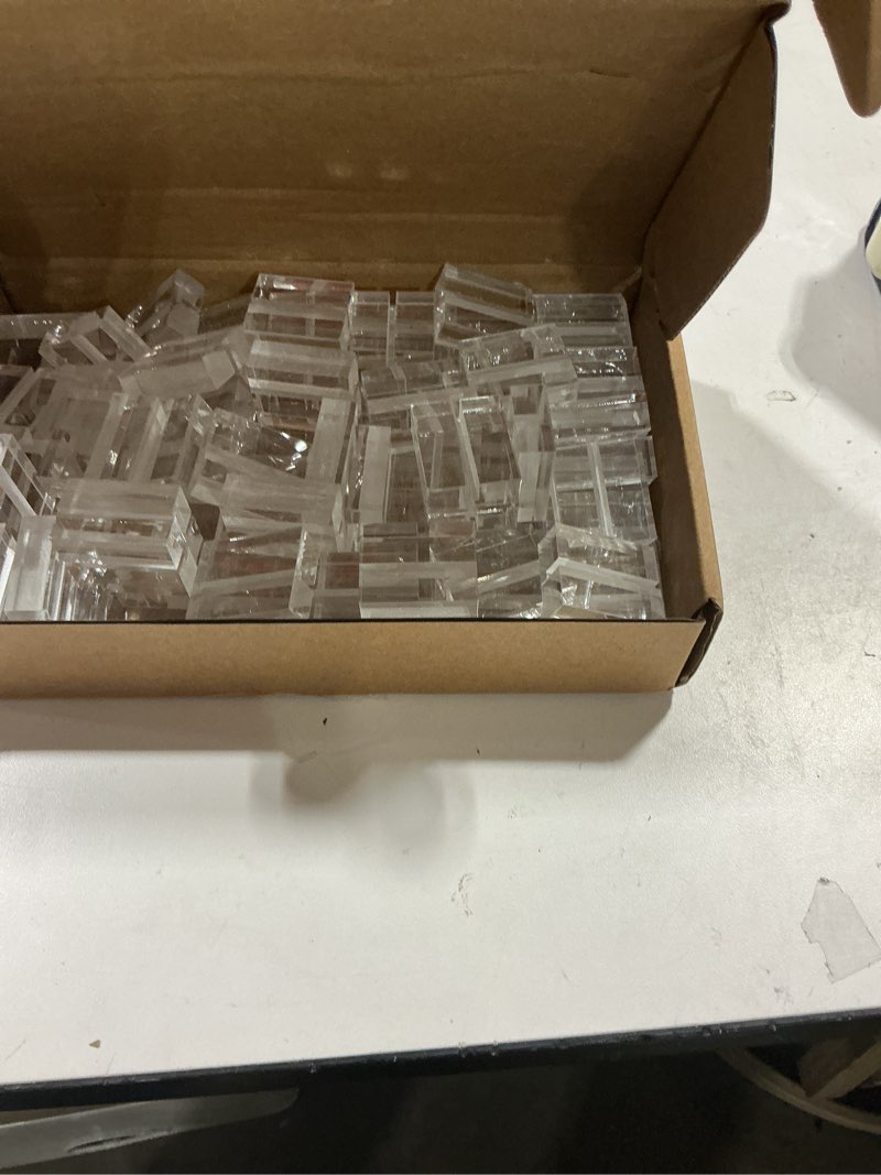 Condition photo showing As Is for 100 pcs acrylic place card holders, 1.2 inch clear table number holders wedding sign holder small sign display stand with card slot for table wedding photos office name cards menu meeting