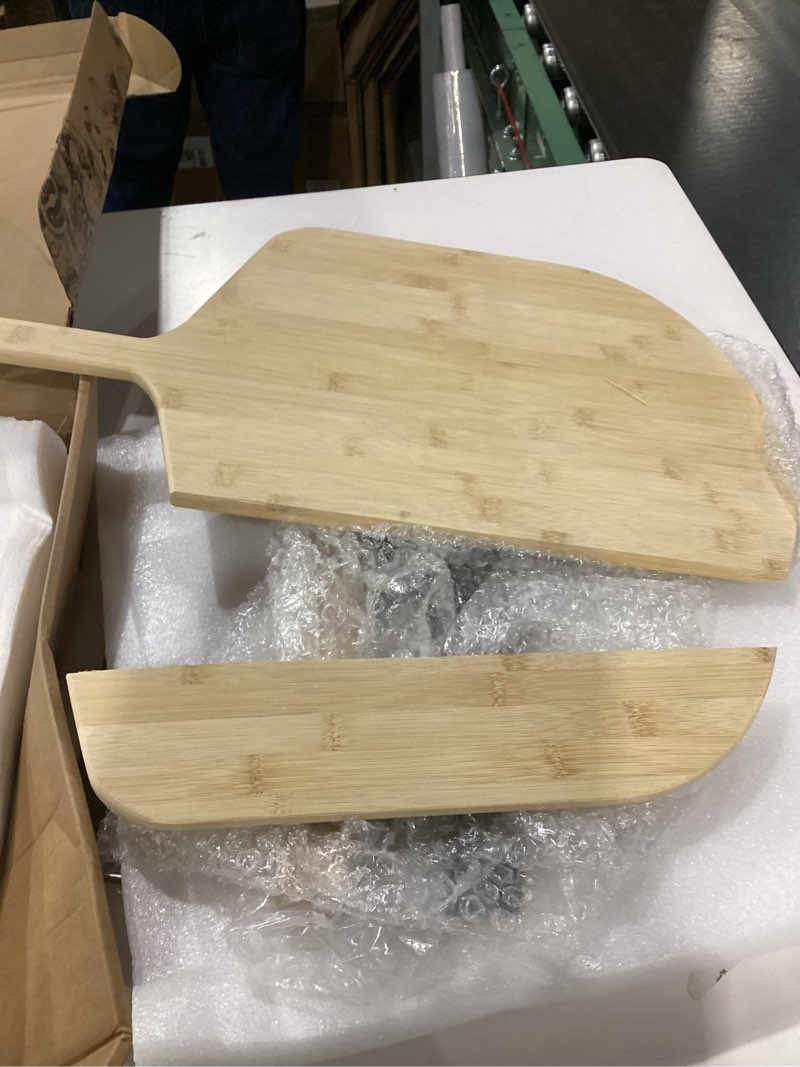 Condition photo showing As Is for paddle is broken large pizza stone for oven 16 inch - round pizza stone for grill with handles, wood pizza peel and cutter set - baking stone for bread - pizza making kit accessories - gifts for food lovers 16 inch round stone, wood peel & cutter