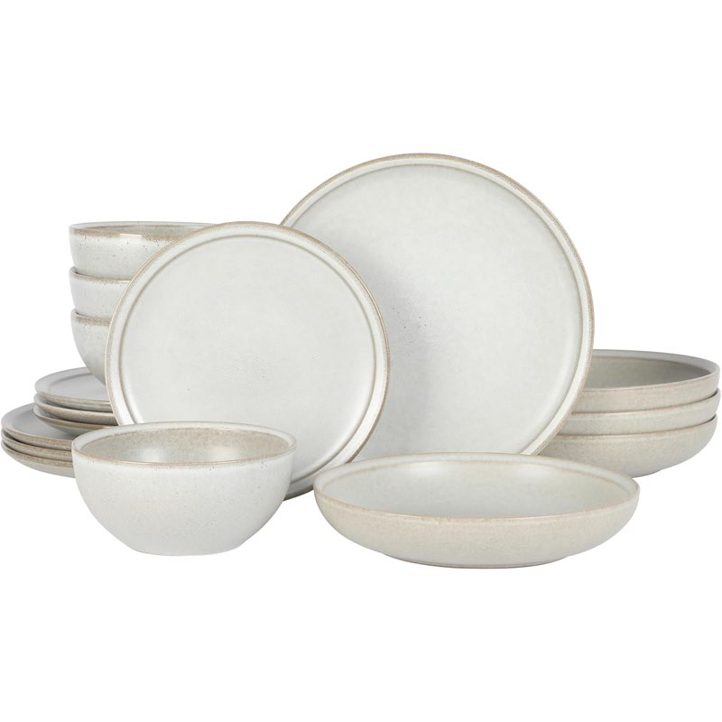 gibson elite beckett stoneware matte reactive glaze 16 piece (service for 4) plates and bowls dinnerware set - linen white