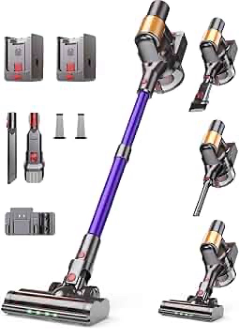 cordless vacuum cleaner, 2 batteries 120 mins runtime, 600w 50kpa stick vacuum with self-standing, tangle-free brush, led display, vacuum cleaner for home hardwood floor, carpet, pet hair