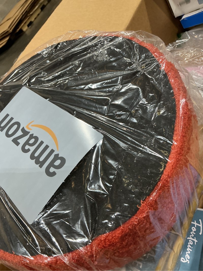 Condition photo showing New/Like New for ibuyke teddy velvet round footrest stool ottoman, makeup vanity stool side table, velvet dressing table seat, pouf couch stool, for living room bedroom, orange wbd009j 12.6"d x 12.6"w x 17.3"h orange