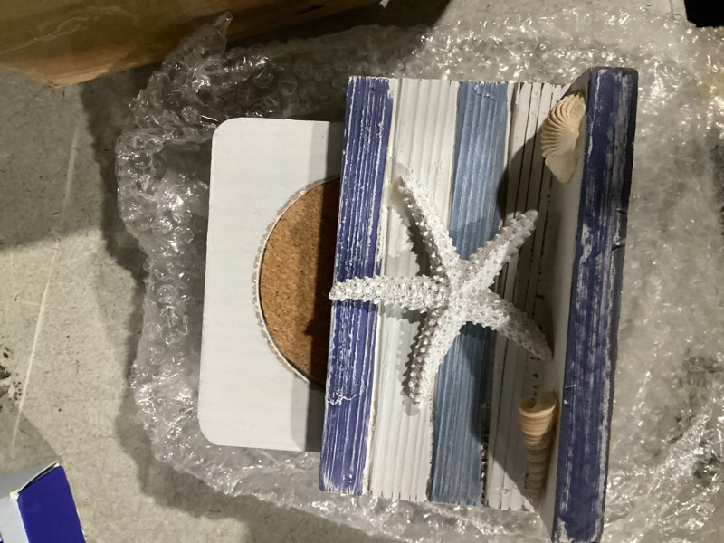 Condition photo showing Good Condition for Puzzled White and Blue Stripes Wooden Nautical Coasters - Tabletop Wooden Coastal Decor for Home, Kitchen, Bar, Beach Themed Gifts Square Coasters Set of 4, Handmade Drink Coasters with Holder