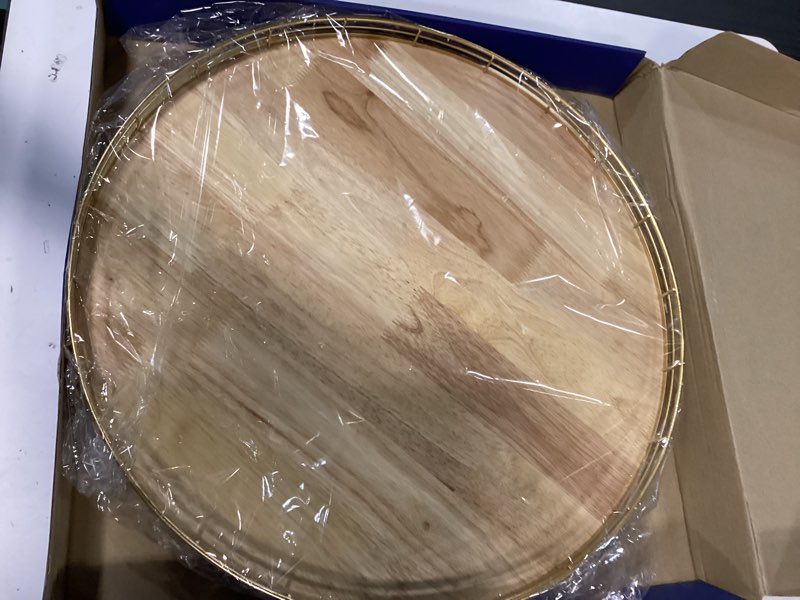 Condition photo showing New/Like New for 18 Inch Rustic Lazy Susan Turntable – Solid Oak & Iron Wood Rotating Tray for Dining Table, Kitchen Counter, Coffee Table – Farmhouse Style Large Wooden Lazy Susan Organizer for Home Décor Natural Oak 18 inches