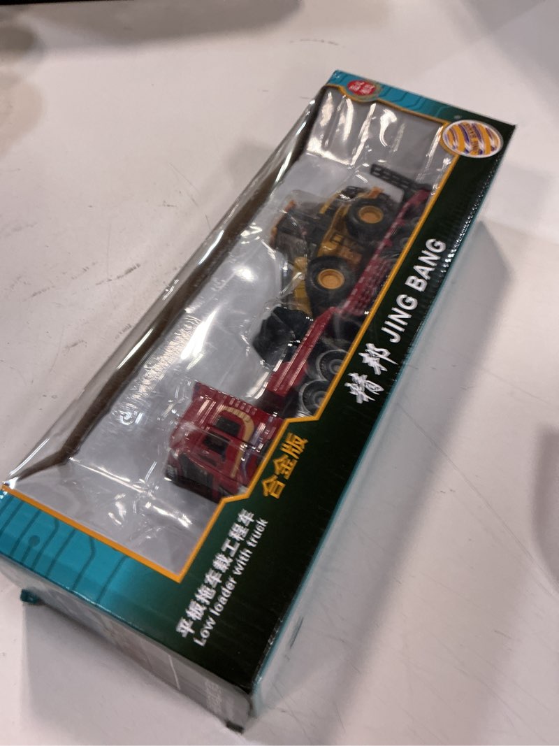 Condition photo showing New/Like New for flatbed truck toy with excavator loader tractor bulldozer semi tow truck transport trailer metal diecast construction vehicles 2 in 1 vehicle playset friction powered toy trucks for boys kids gift red
