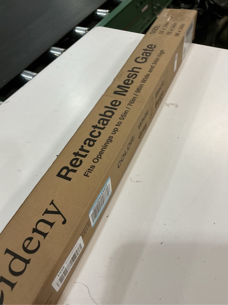 Condition photo showing New/Like New for Retractable Baby Gate for Stairs, 55" Wide Mesh Dog Gate Indoor, 34" Tall Child Gate for Doorways, Hallways, Deck, Indoor Outdoor Pet Baby Safety Essentials for Home, Grey Gray 55'' Wide