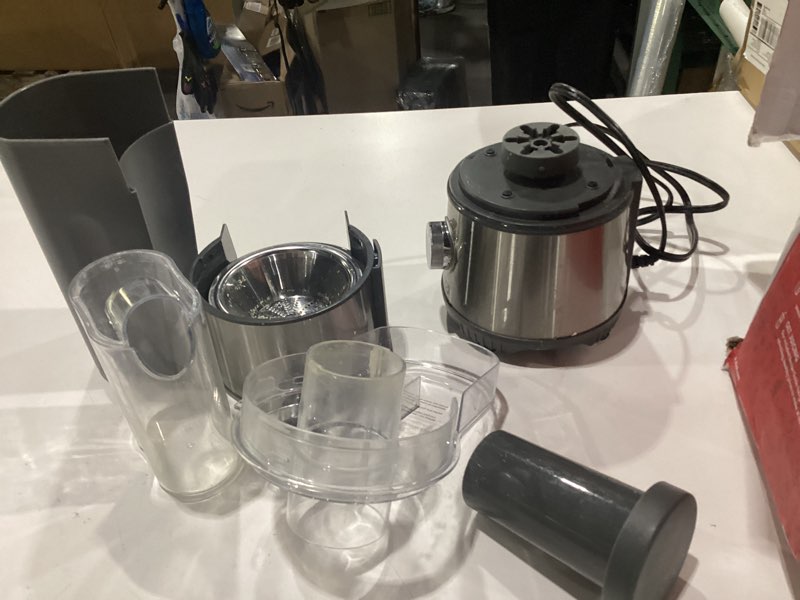 Condition photo showing As Is for dash compact centrifugal juicer, press juicing machine, 2-speed, 2" wide feed chute for whole fruit vegetable, anti-drip, stainless steel sieve - cool grey one size cool grey
