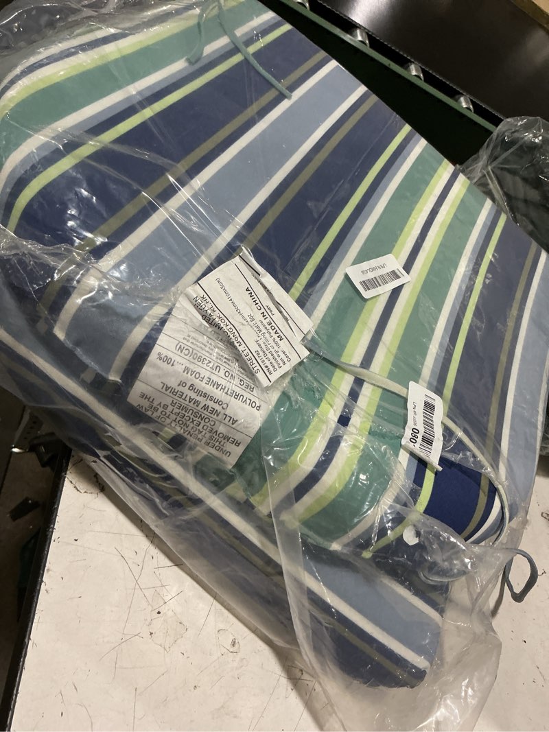 Condition photo showing As Is for basic beyond outdoor chair cushions set of 4, outdoor cushions for patio furniture, water resistant patio chair cushions with 2 ties, 17x16x2, pinstriped blue 02 - pinstriped blue 17"x16"x2"(pack of 4)